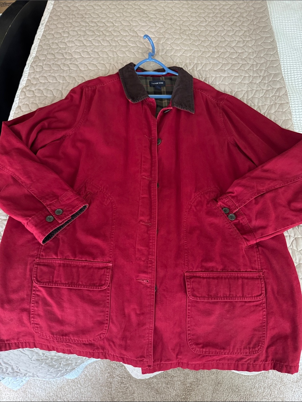 Lands' End Men's Deep Red Field Jacket with Dark Brown Corduroy Collar